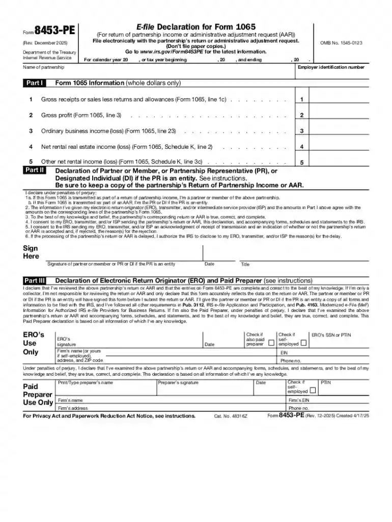Form 8453-PE Declaration for Partnership Income Preview on Page 1