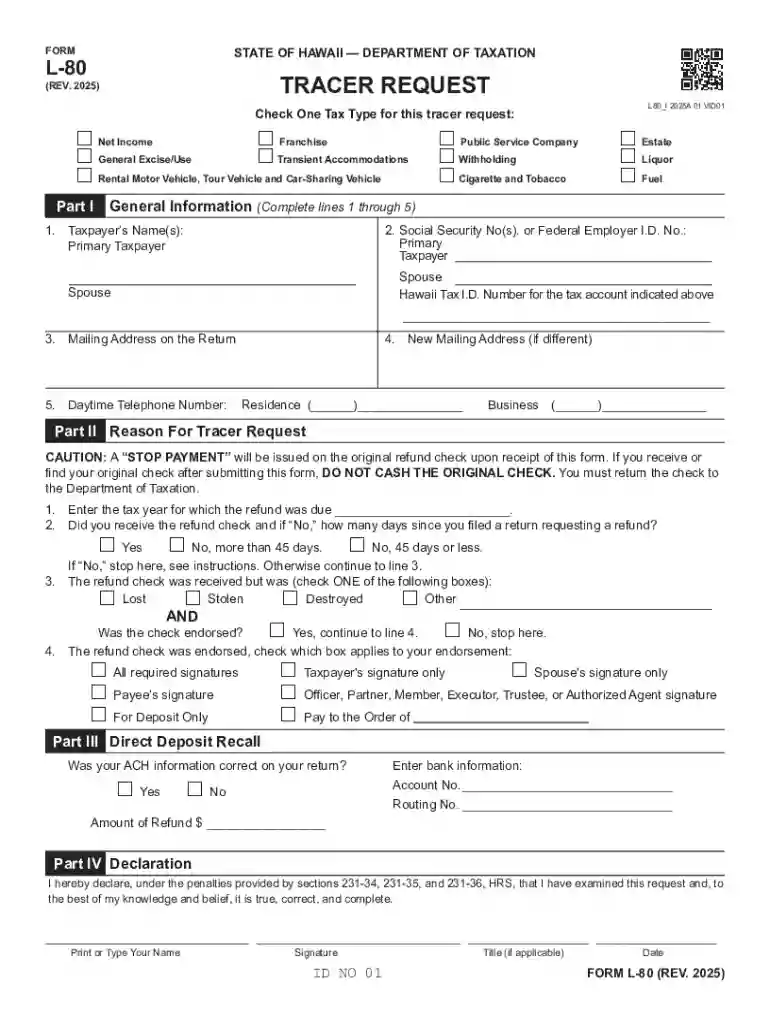 Form L-80 Rev 2025 Tracer Request for Tax Year Forms 2025 Preview on Page 1