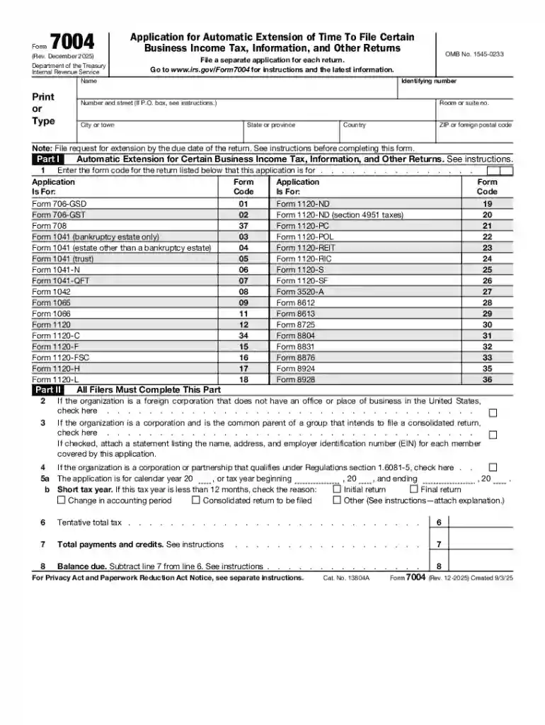 Form 7004 (Rev December 2025) Preview on Page 1