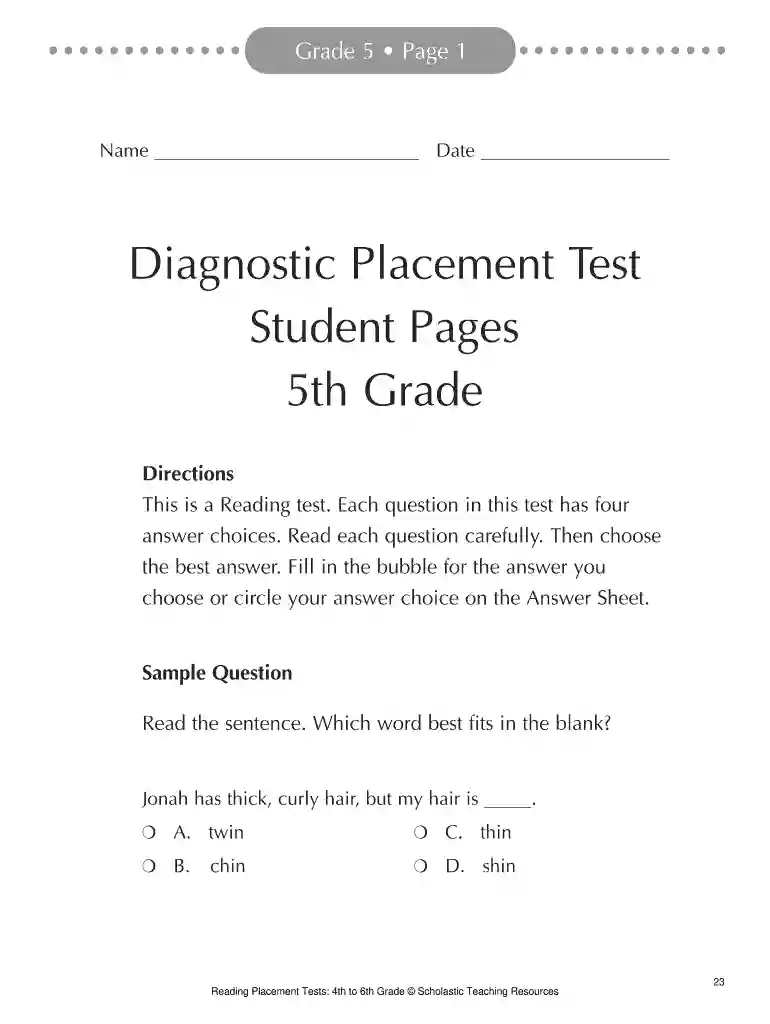 6th grade placement test pdf with answer key Preview on Page 1