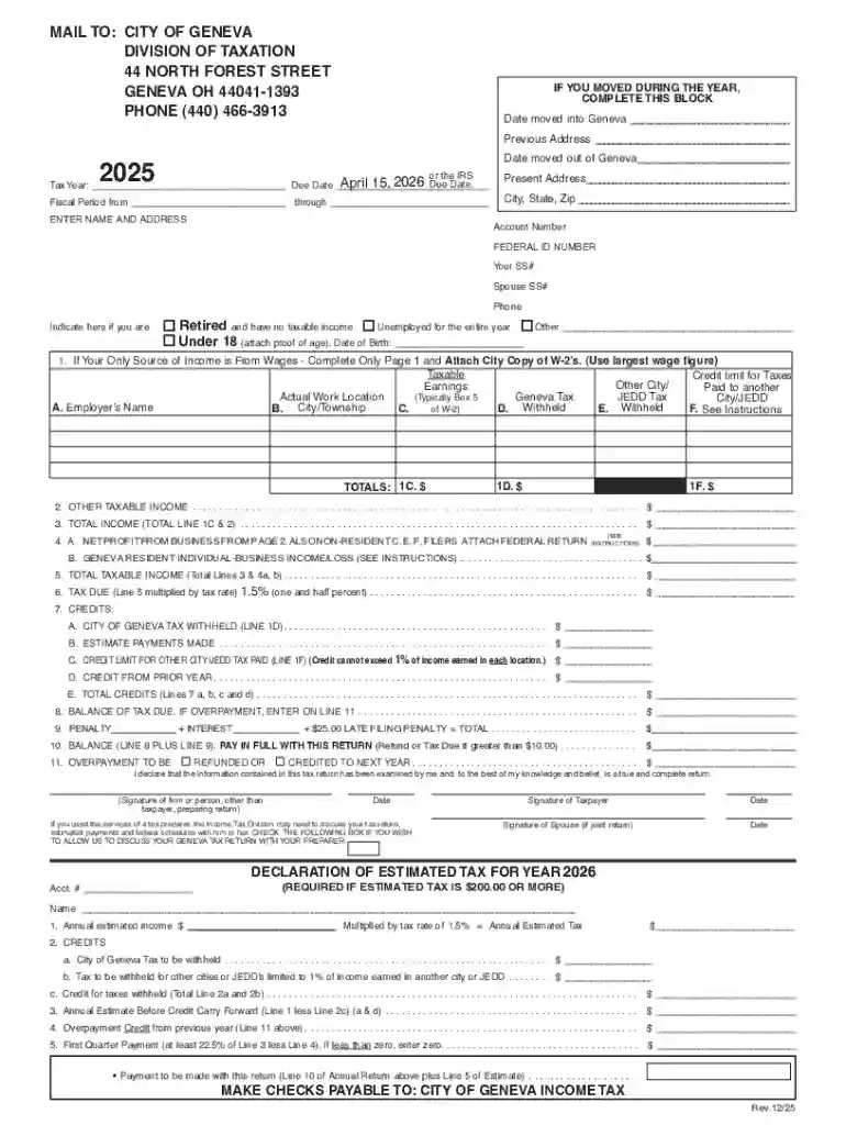 2024-2026 Form OH City Tax Return - City of Geneva Fill Preview on Page 1