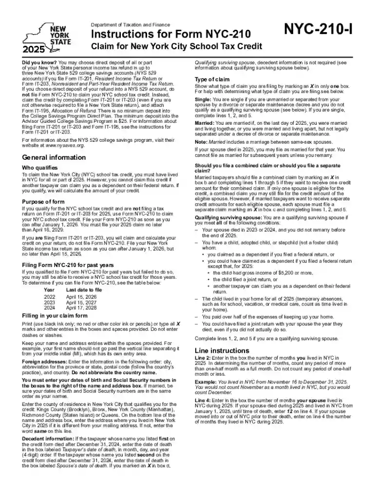 Instructions for Form NYC-210 Claim for New York City School Tax Credit Tax Year 2025 Preview on Page 1