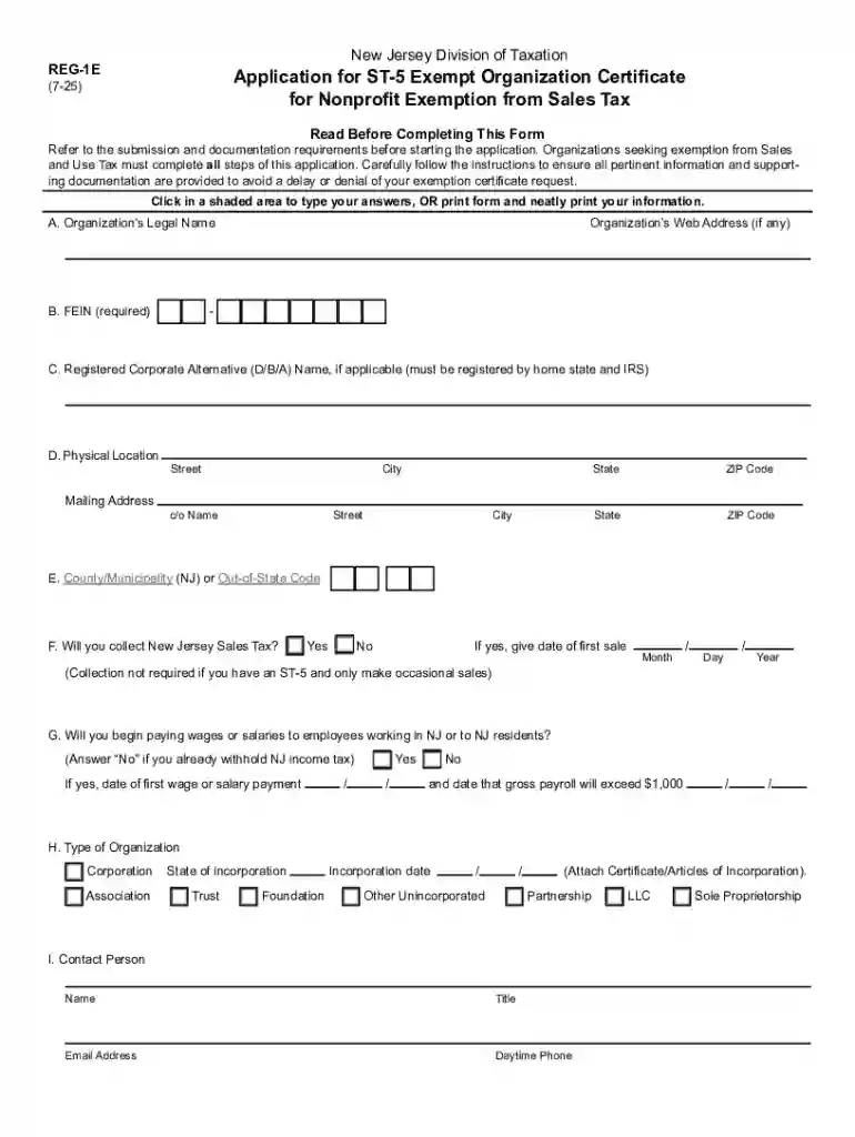 Form REG-1E Application for ST-5 Exempt Organization Certificate for Nonprofit Exemption from Sales Preview on Page 1