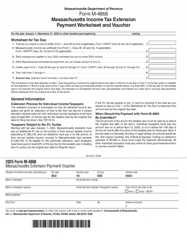 Massachusetts Personal Tax ExtensionMA Form M-4868 Preview on Page 1