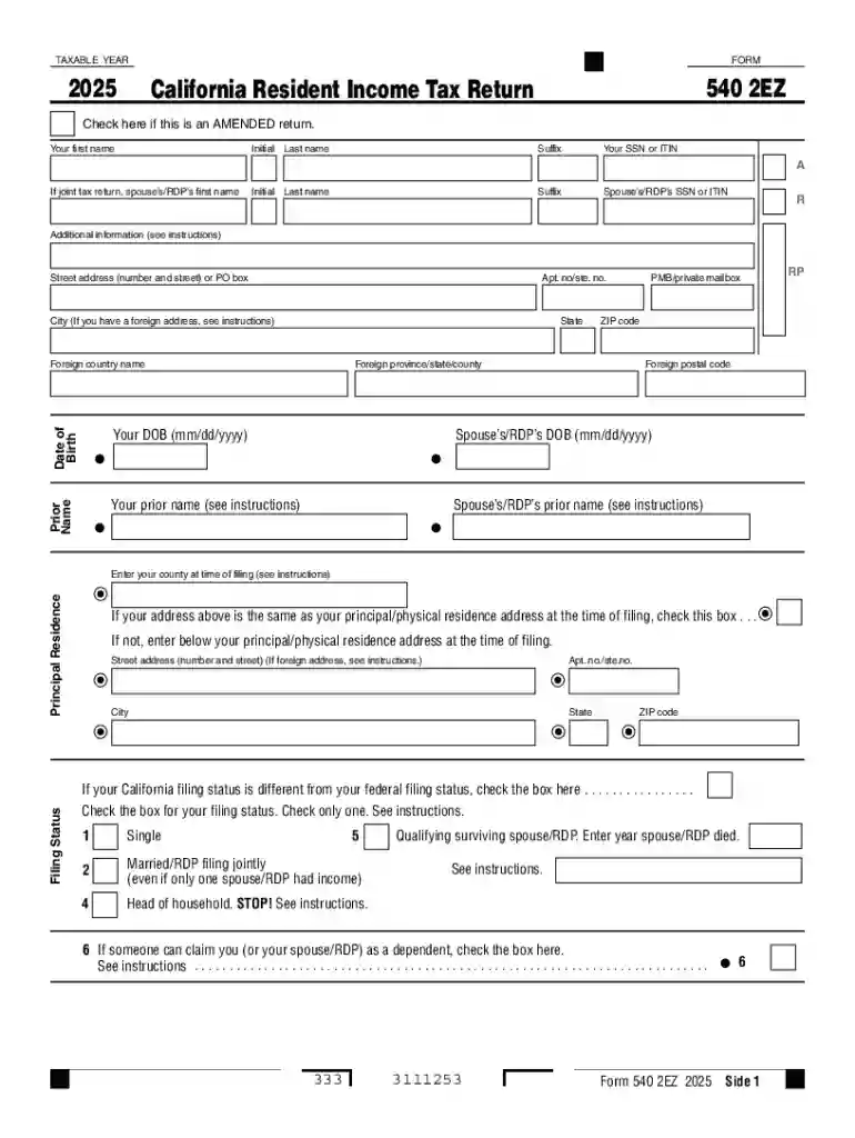 2025 Form 540 2EZ California Resident Income Tax Return Preview on Page 1