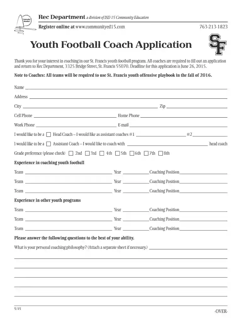 Youth Football Coach Application - ISD 15, St. Francis - stfrancis k12 mn Preview on Page 1