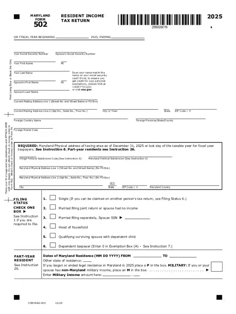 2025 Maryland Form 502 Resident Income Tax Return Tax Year 2025 Form 502 Preview on Page 1