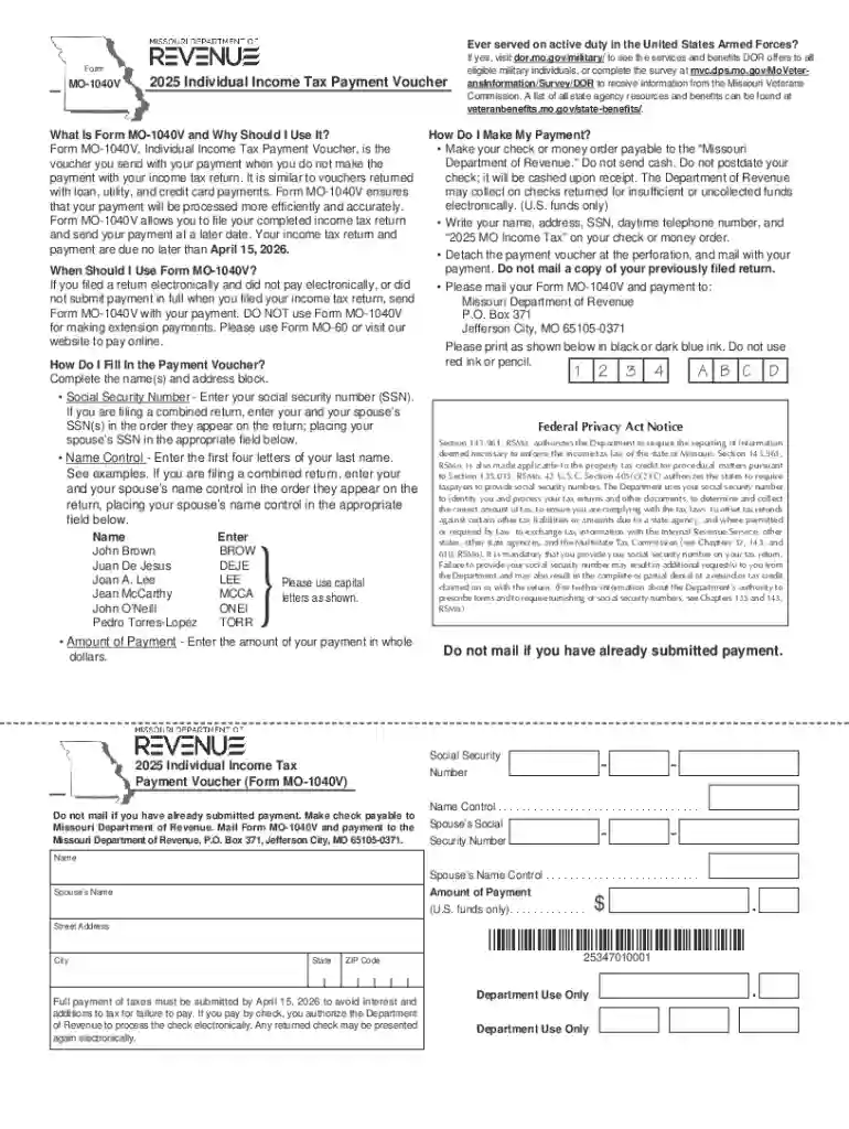 Form MO-1040V - 2025 Individual Income Tax Payment Voucher Preview on Page 1