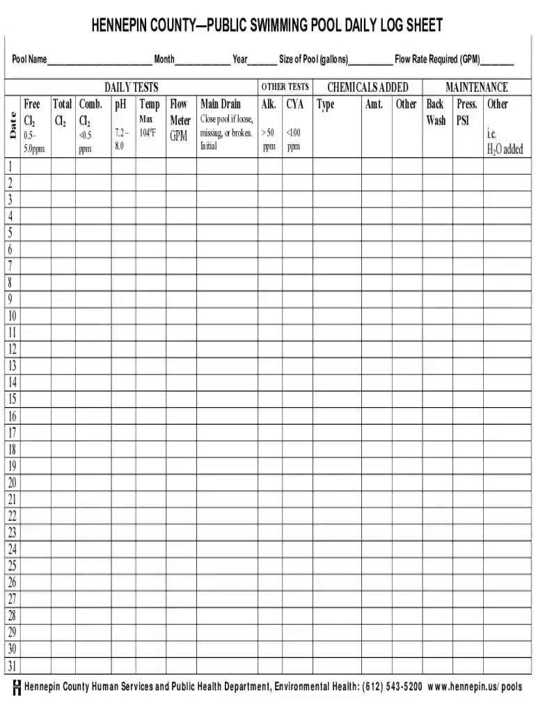pool chemical log sheet excel Preview on Page 1