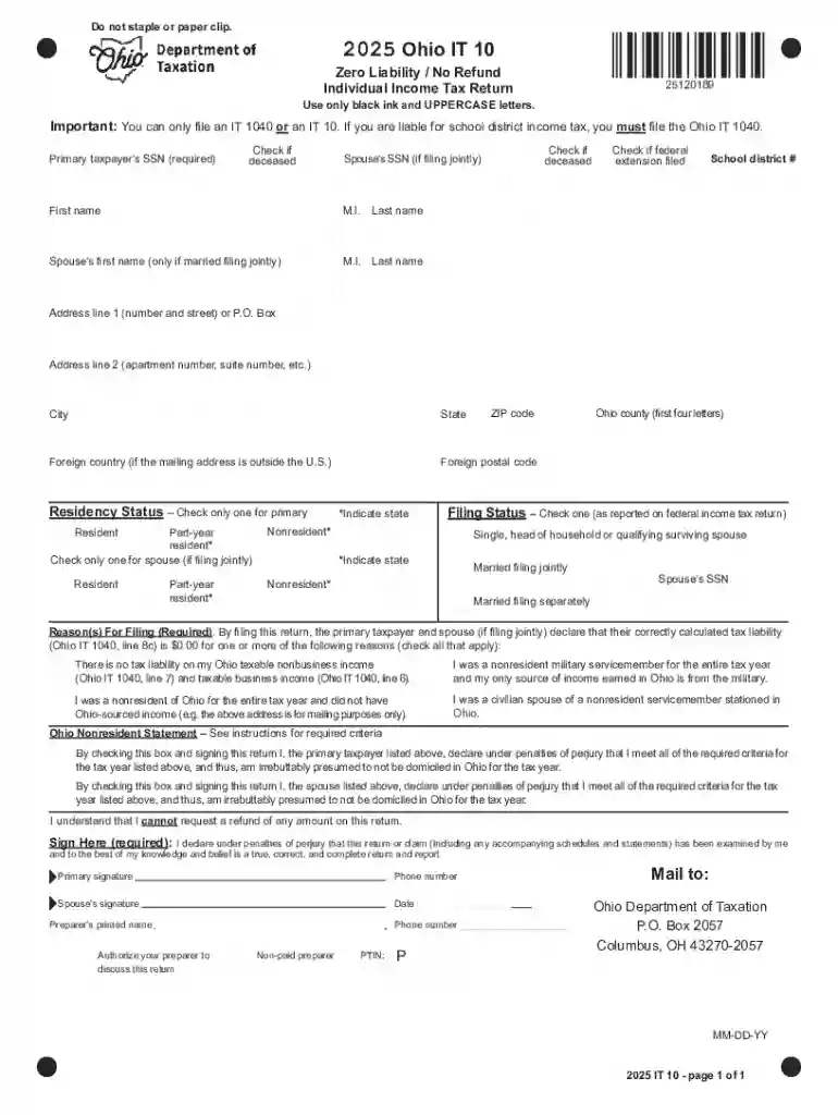 Ohio Tax Department Releases Revised Form IT 10, Zero Preview on Page 1