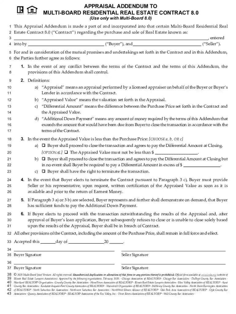 Appraisal Addendum to Multi-Board Residential Real Estate Contract 8 0 Preview on Page 1