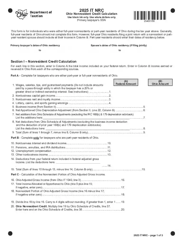 Ohio Nonresident Credit Calculation Form 2025 Preview on Page 1