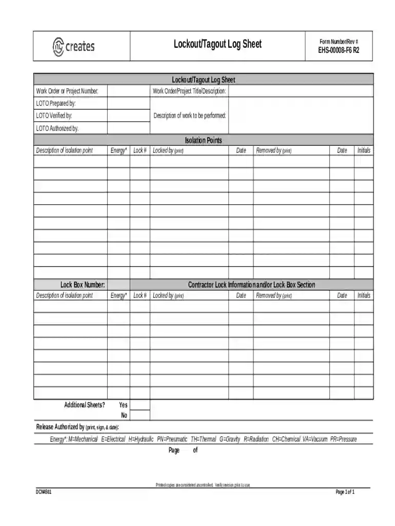Lockout Tagout Log Sheet EHS-00008-F6 R2 Preview on Page 1