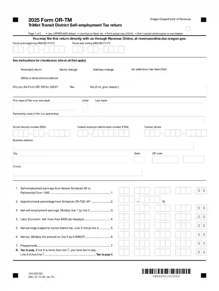 2025 Form OR-TM, Tri-County Metropolitan Transportation District Self-Employment Tax, 150-555-001 Preview on Page 1