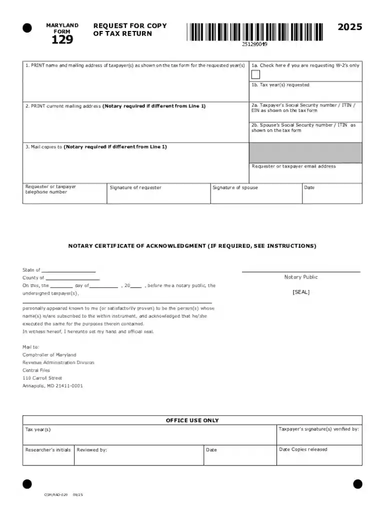 Request for copy of tax return: MD Form 129 Preview on Page 1
