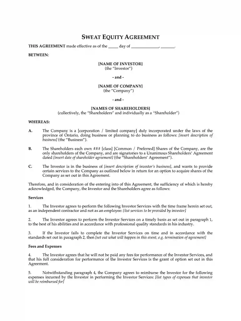sweat equity agreement template Preview on Page 1