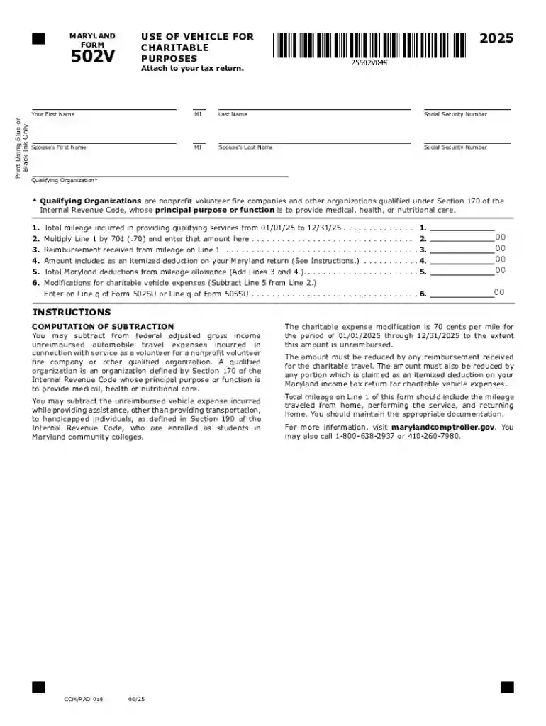 2025 Maryland Form 502V Use of Vehicle for Charitable Purposes Tax Year 2025 Form 502V Attach to you Preview on Page 1