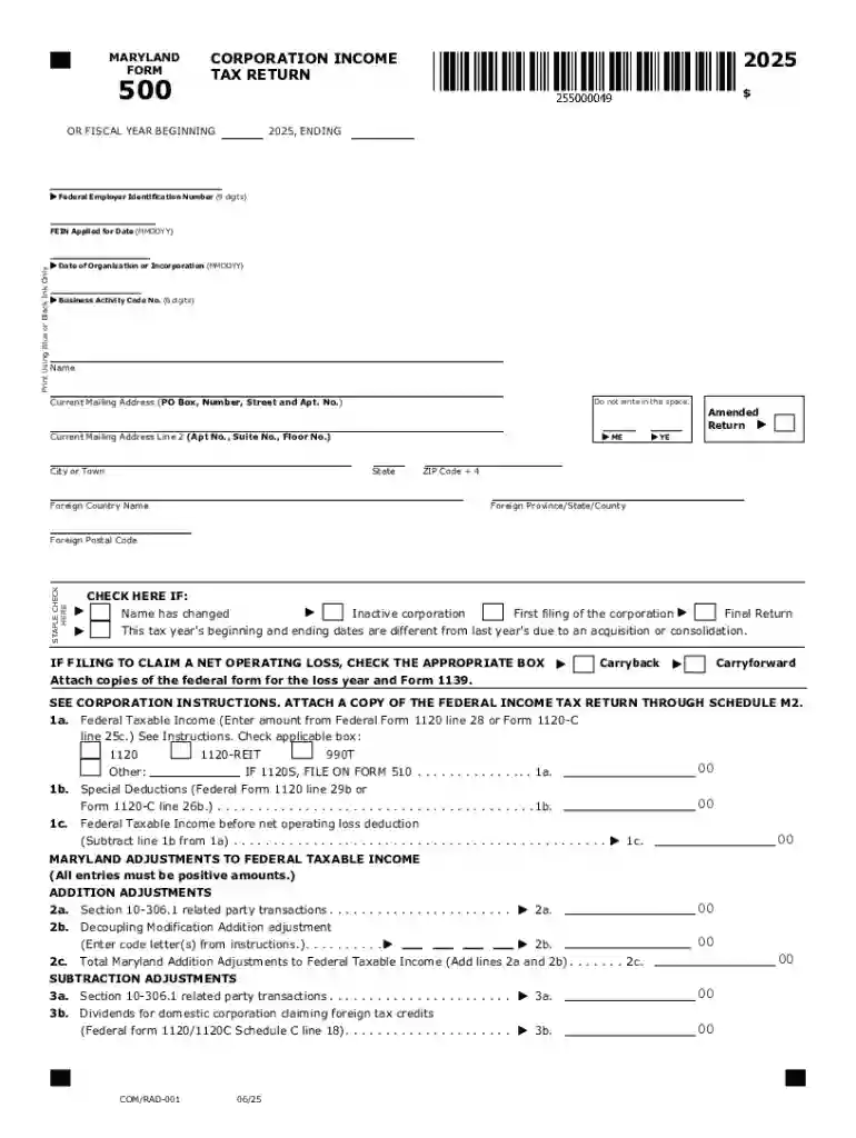 2025 Maryland Form 500 Corporation Income Tax Return Tax Year 2025 Form 500 Preview on Page 1