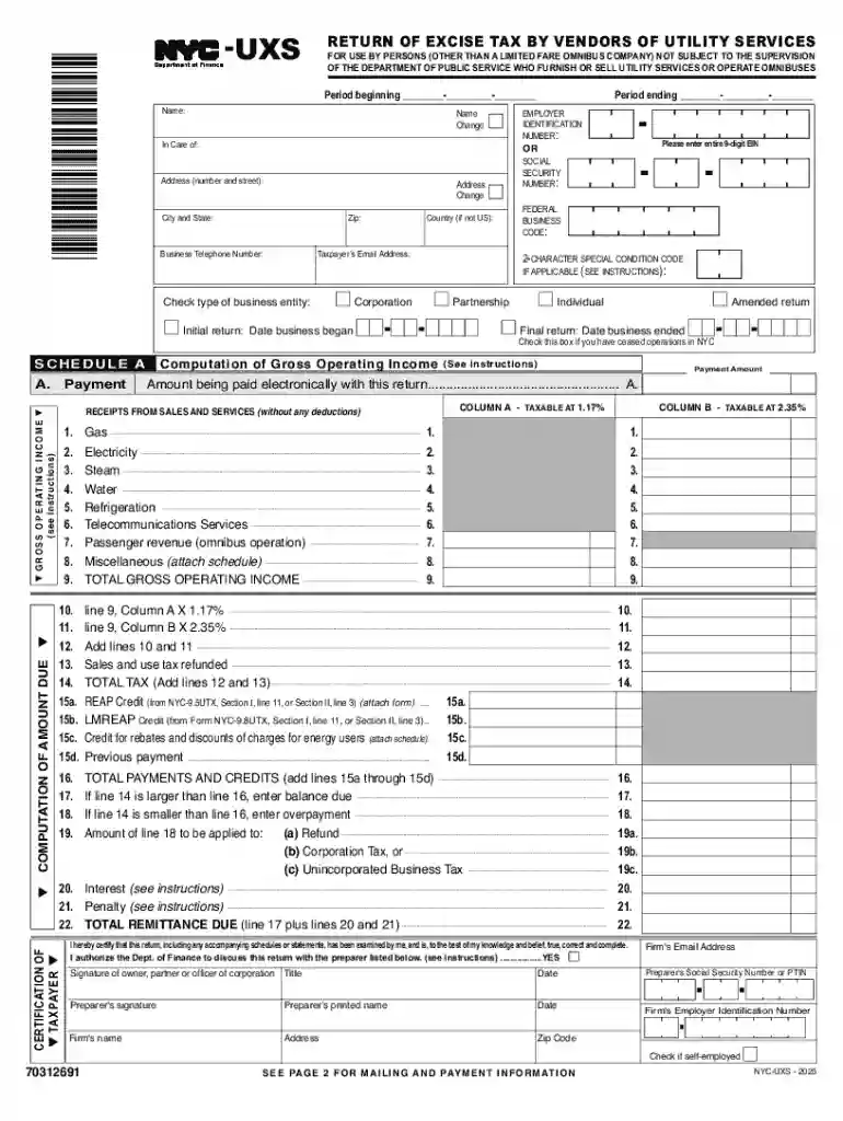New York City Utility Tax Form NYC-UXS Preview on Page 1