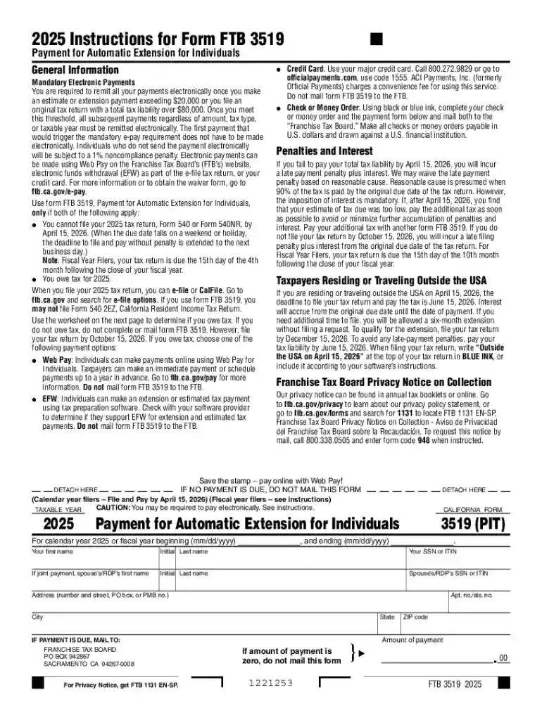 California Personal Tax Extension - Form FTB 3519 Preview on Page 1