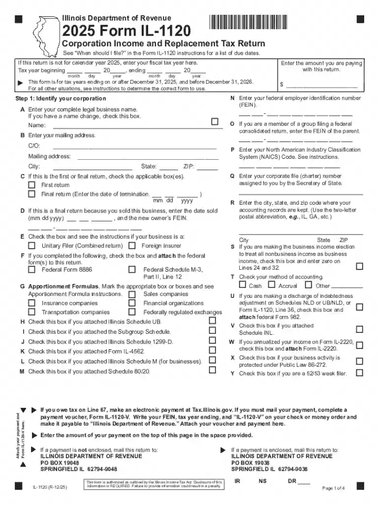 2025 Form IL-1120Illinois Department of Revenue Preview on Page 1