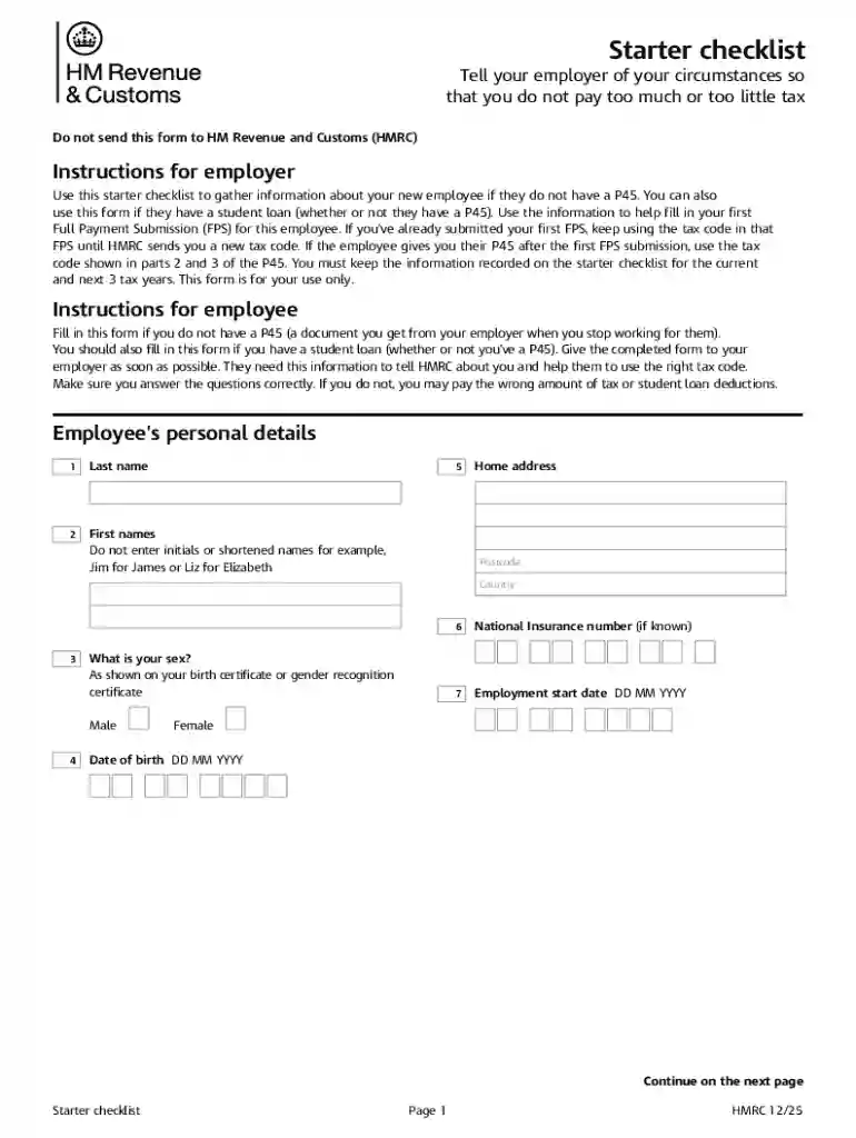 UK Starter Checklist Form Preview on Page 1