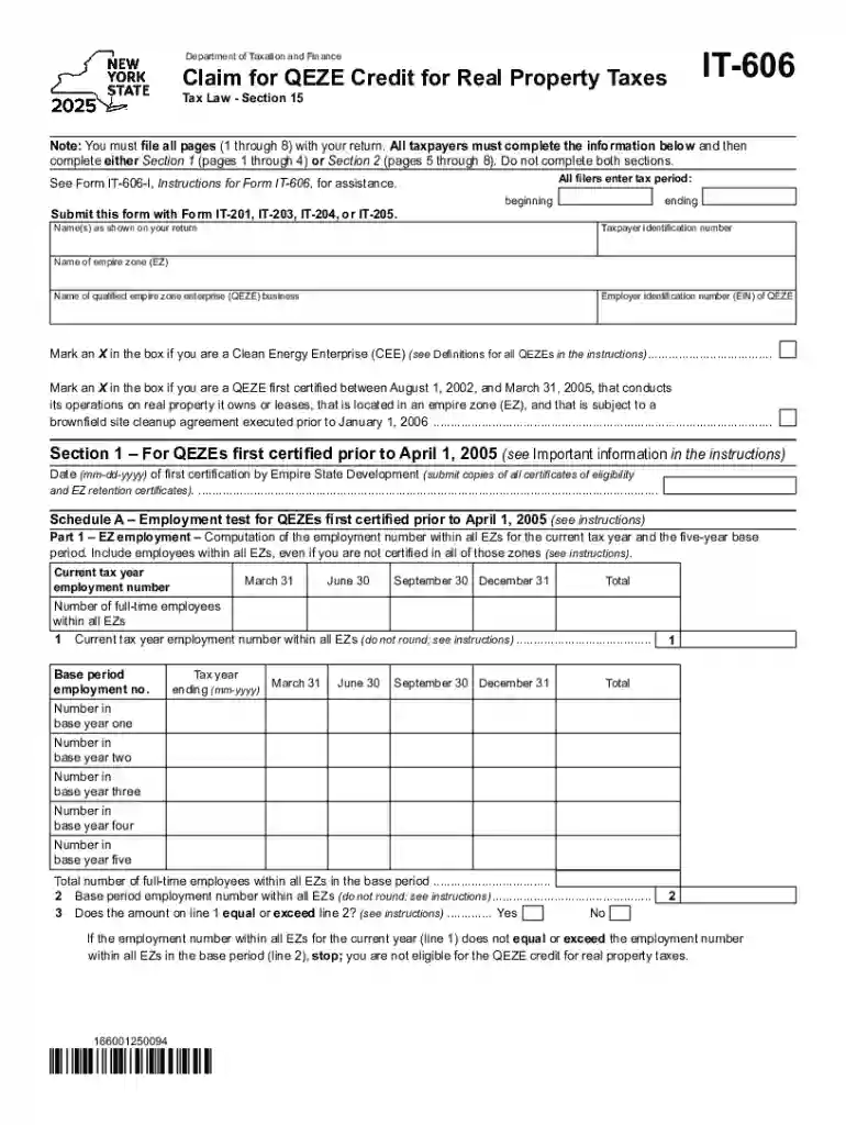 Form IT-606 Claim for QEZE Credit for Real Property Taxes Tax Year 2025 Preview on Page 1