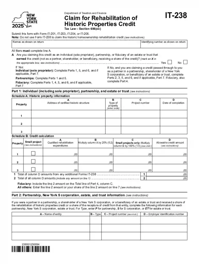 Form IT-238 Claim for Rehabilitation of Historic Properties Credit Tax Year 2025 Preview on Page 1