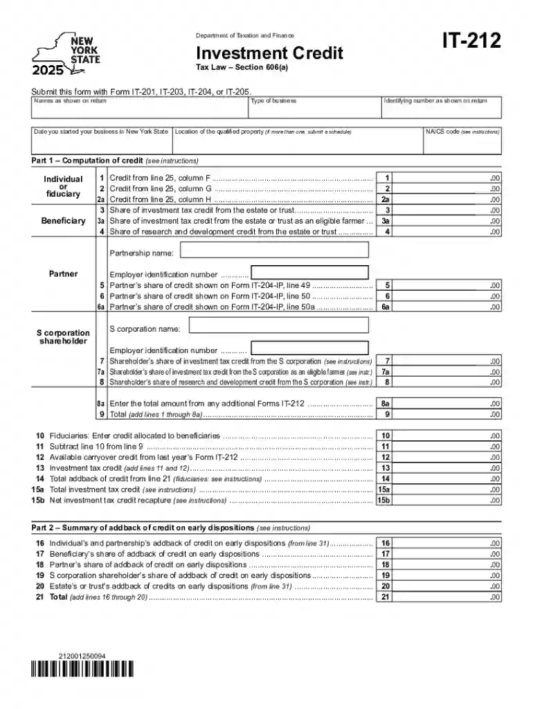 Instructions for Form IT-212 Investment Credit Tax Year 2025 Preview on Page 1