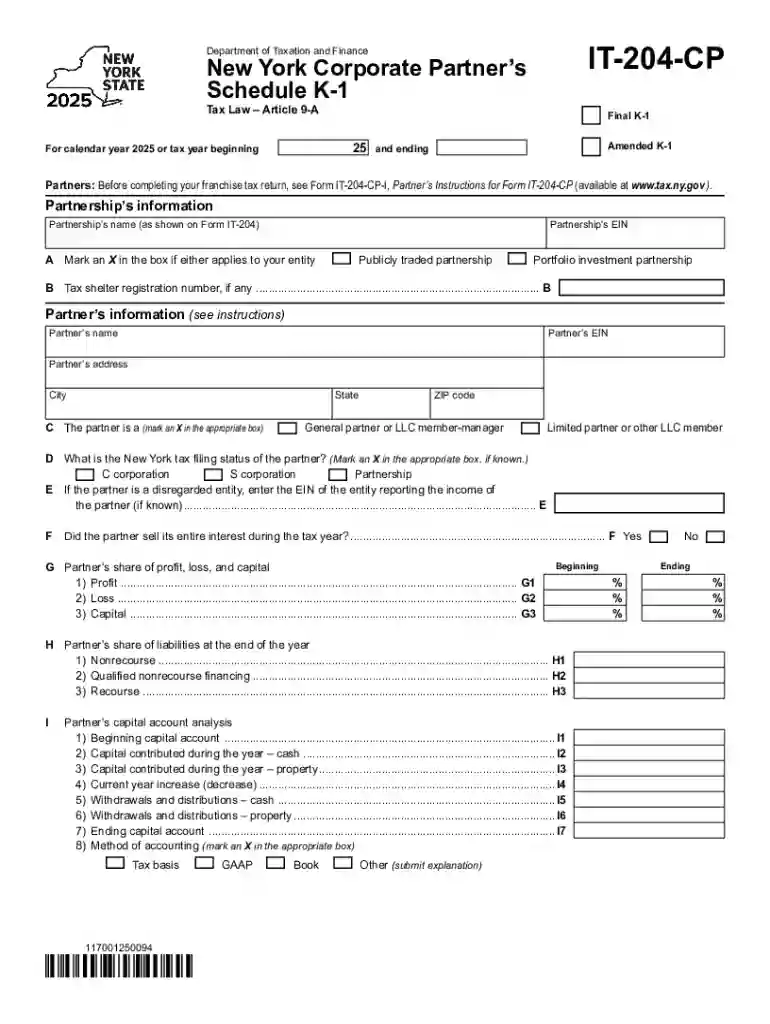 Form IT-204-CP New York Corporate Partners Schedule K-1 Tax Year 2025 Preview on Page 1