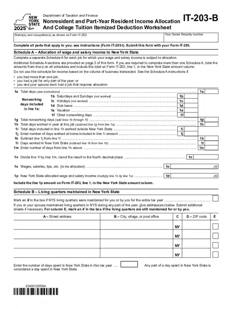 Form IT-203-B Nonresident and Part-Year Resident Income Allocation and College Tuition Itemized Dedu Preview on Page 1