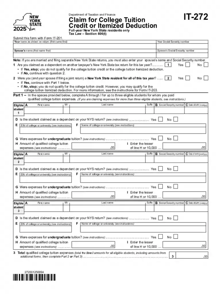 Form IT-272 Claim for College Tuition Credit or Itemized Deduction Tax Year 2025 Preview on Page 1