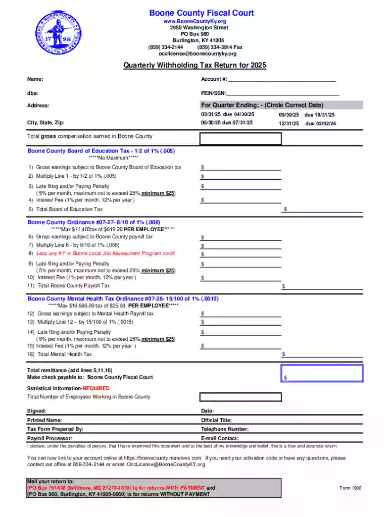 Boone County Quarterly Withholding Tax Return Preview on Page 1