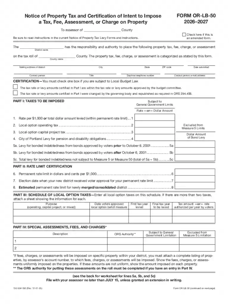 Form OR-LB-50, Notice of Property and Certification of Intent to Impose a Tax, Fee, Assessment, or C Preview on Page 1