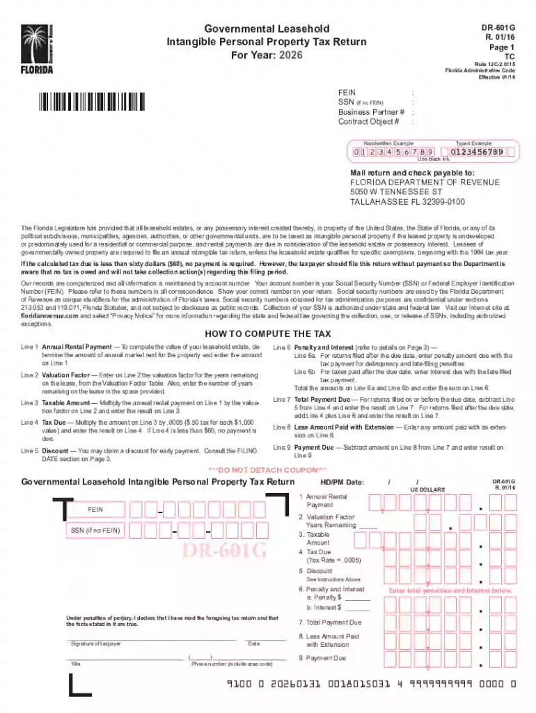 Florida Governmental Leasehold Intangible Personal Property Tax Return Preview on Page 1