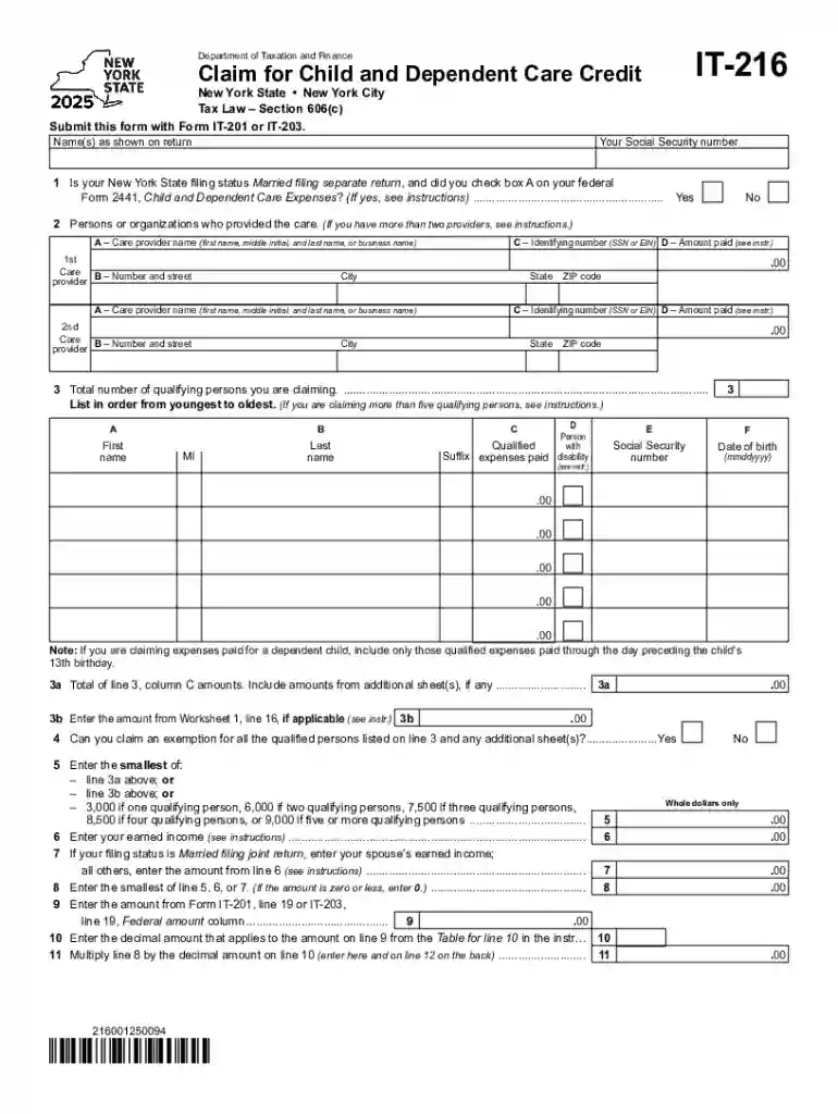 Form IT-216 Claim for Child and Dependent Care Credit Tax Year 2025 Preview on Page 1