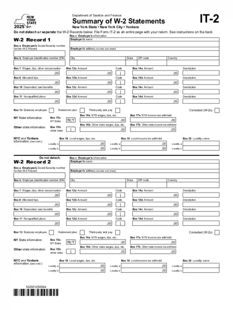 Summary of Federal Form W-2 Statements, IT2 - Tax NY Preview on Page 1