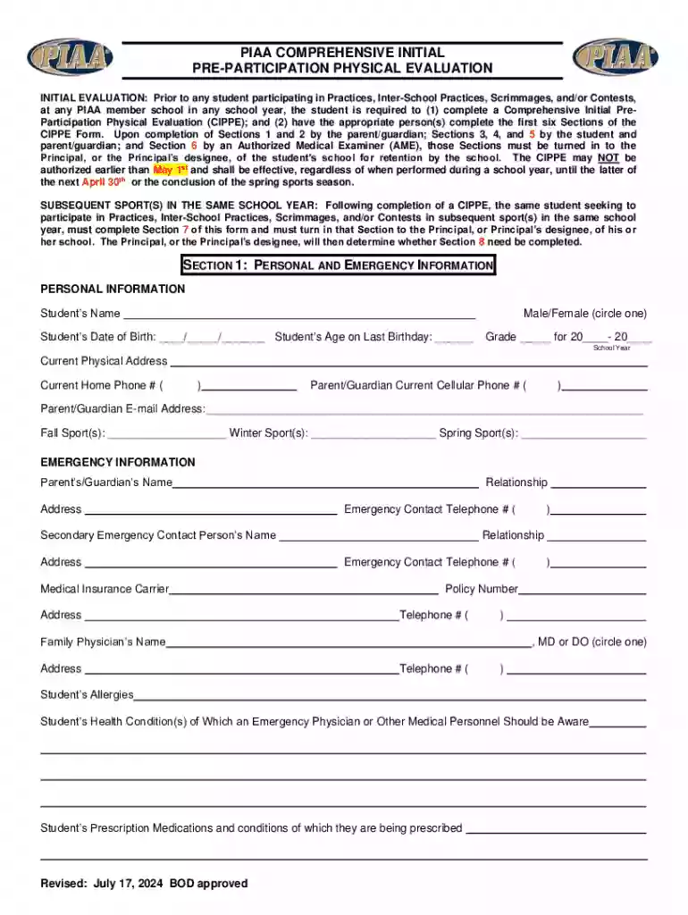 PIAA Comprehensive Initial Pre-Participation Physical Evaluation Preview on Page 1