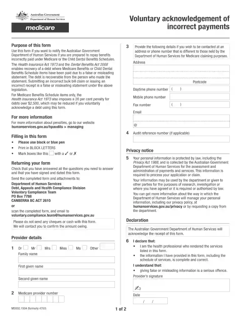 voluntary acknowledgement of incorrect payments form Preview on Page 1