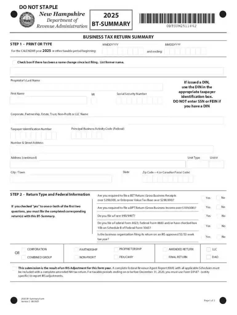New Hampshire 2025 Business Tax Return Summary Preview on Page 1