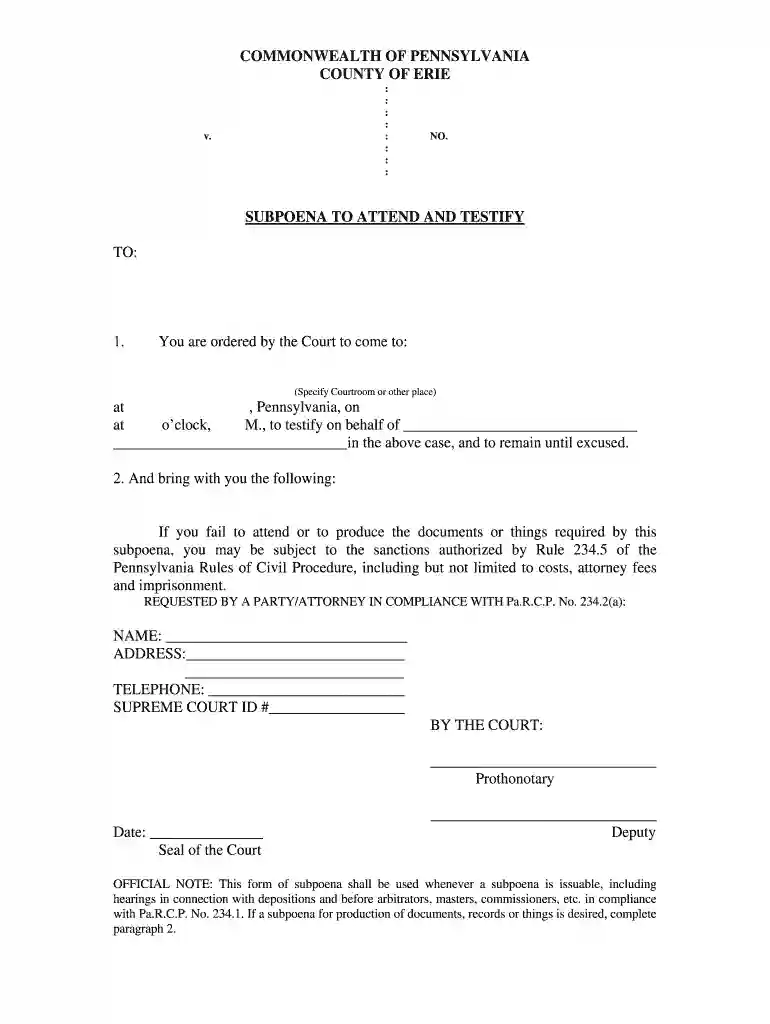 pennsylvania subpoena form Preview on Page 1