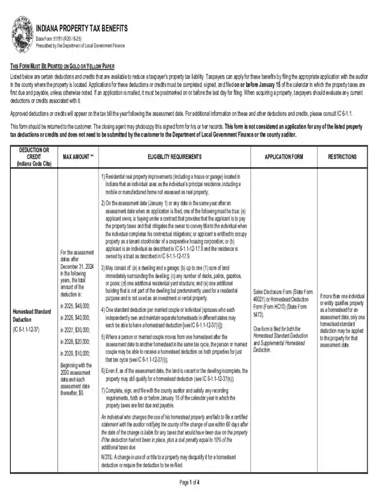 Indiana Property Tax Benefits Form 51781 Preview on Page 1
