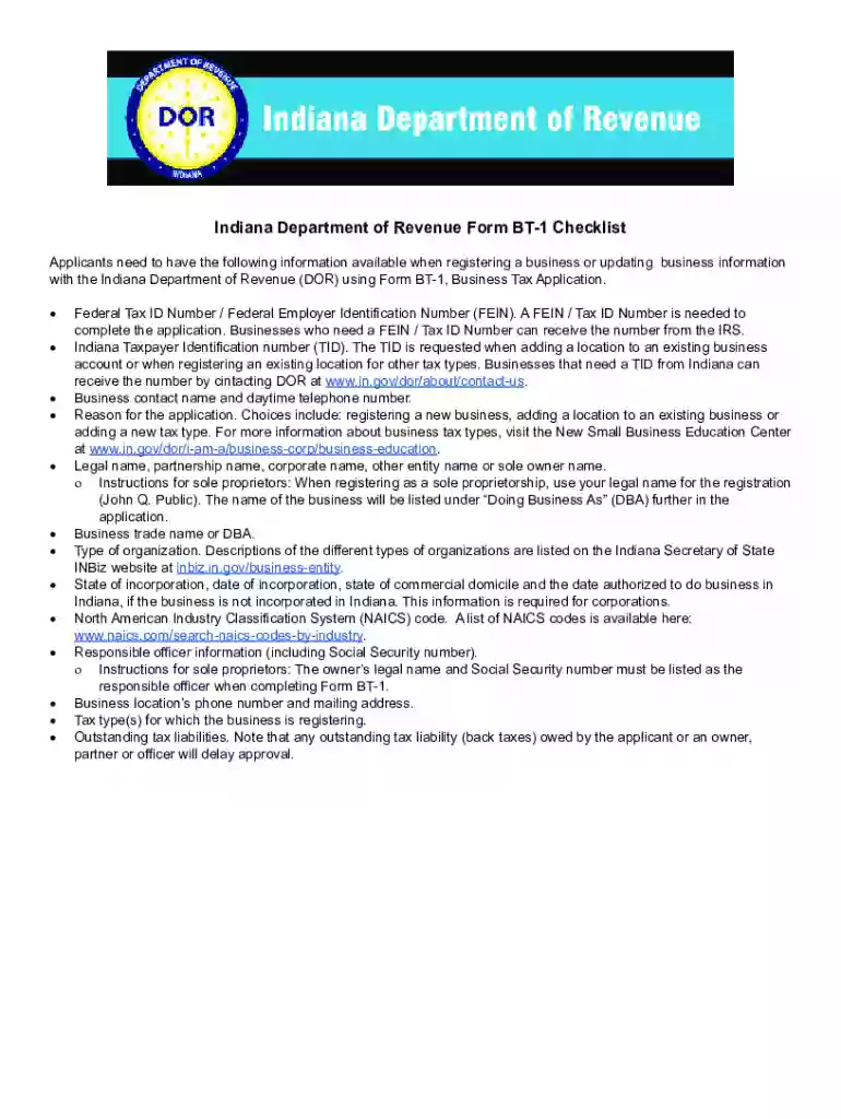 Indiana Business Tax Application Form BT-1 Preview on Page 1