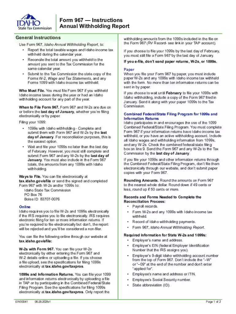 Idaho Annual Withholding Report Form 967 Preview on Page 1