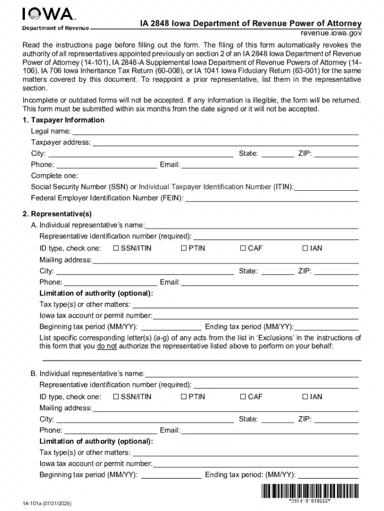 14-101 IA 2848 Iowa Department of Revenue Power of Attorney Form Preview on Page 1