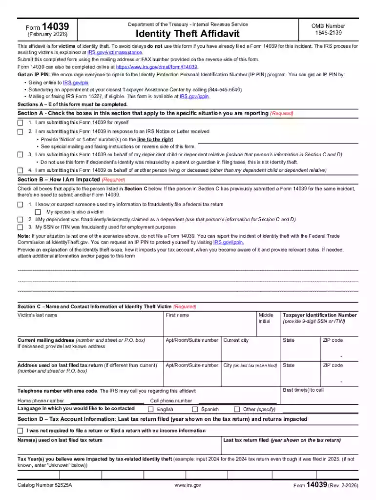 IRS Form 14039 Identity Theft Affidavit Preview on Page 1