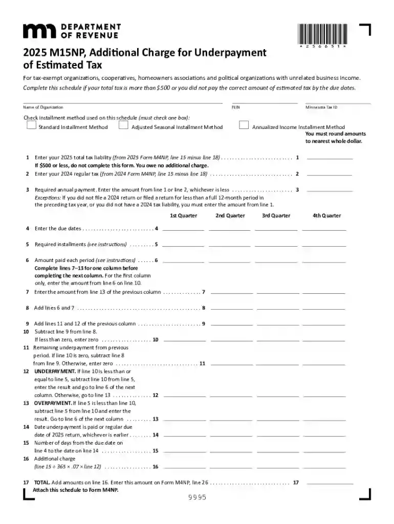 Minnesota M15NP Additional Charge for Underpayment of Estimated Tax Preview on Page 1