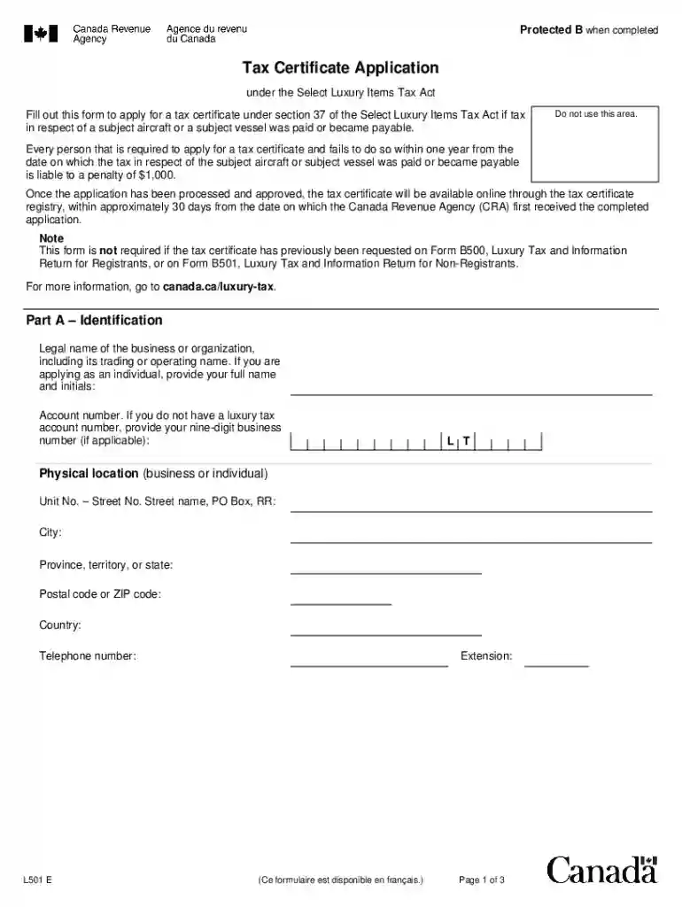 Canada Luxury Tax Certificate Application Preview on Page 1
