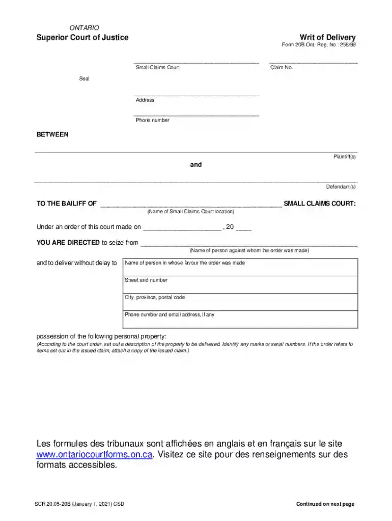 Ontario Writ of Delivery Form 20B Preview on Page 1