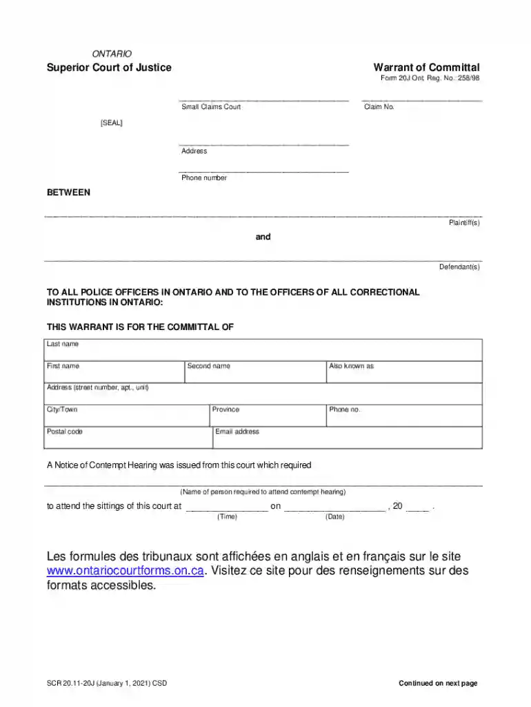Ontario Superior Court Warrant of Committal Preview on Page 1